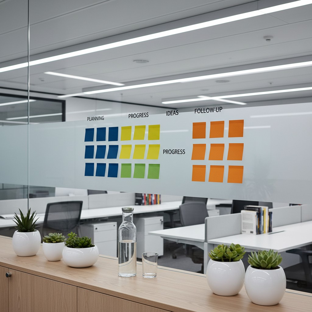 An office setting with a glass wall featuring sticky notes for planning, ideas, progress, and follow-up, showcasing a well...