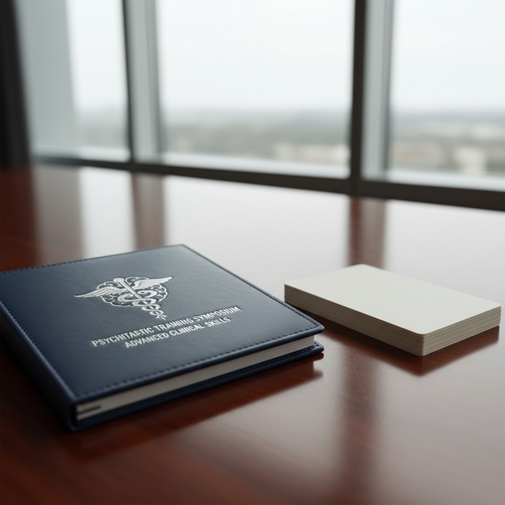 A dark blue book with white lettering that reads "Psychiatric Training Symposium Advanced Clinical Skills" accompanied by ...