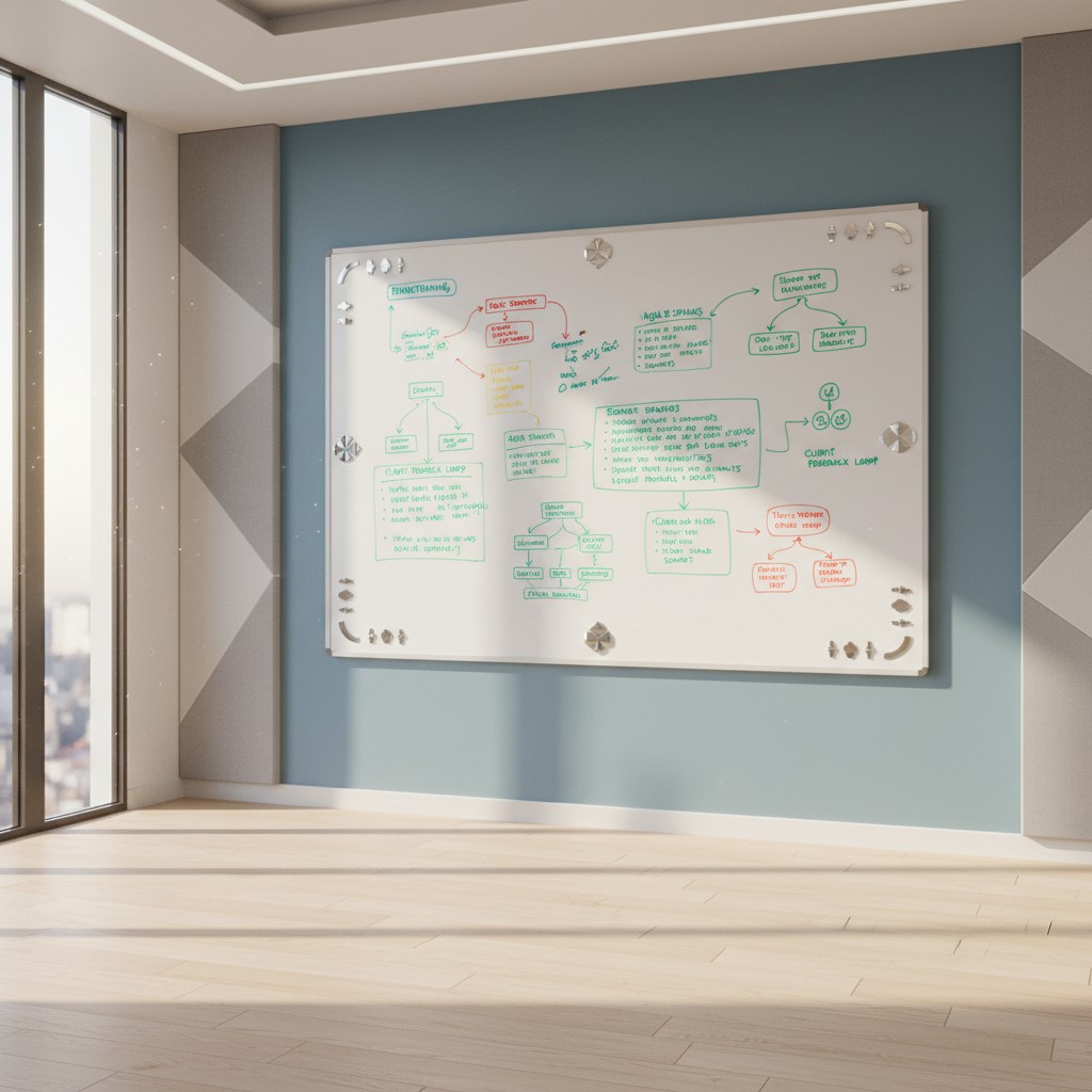 Whiteboard rending complex information on the interior wall of a beige-and-gray room with tall flung-out afternoon sunlight.