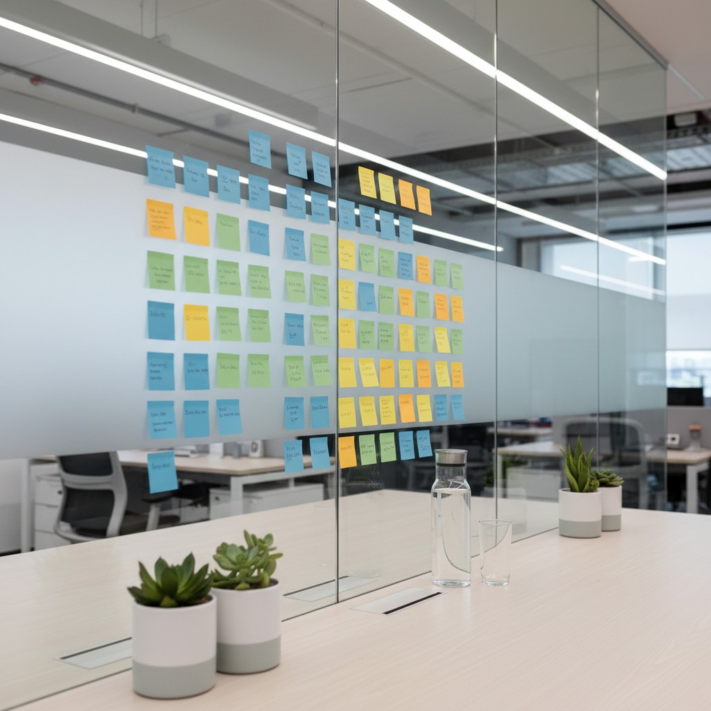 An office room with a glass wall covered in Post-it notes and two plants on the long, white table.