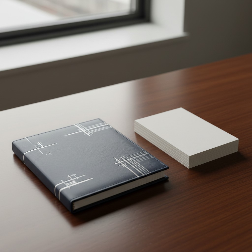 A close-up view of a grey book with a white cover design, accompanied by a stack of blank white cards on a wooden table.