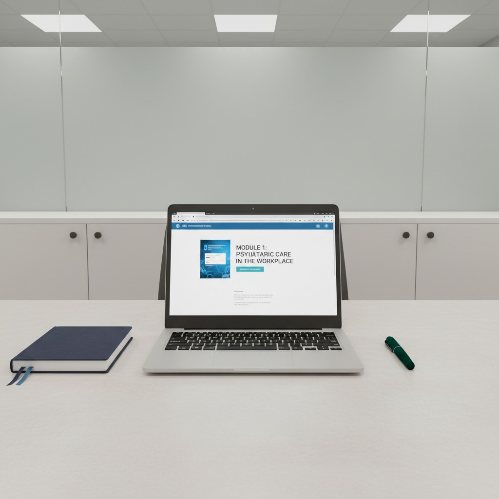 Image of open laptop on an office desk with website homepage of the 'Psychiatric Care in the Workplace' module by MyCME.